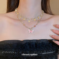 Gold Double Layer Pink Butterfly Pearl Crystal Charm Necklace view 1