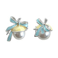 Silver Tone Pale Blue Bow And Large Pearl Like Stud Earrings view 5