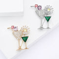Two Cocktail Glass Crystal Brooch in Gold or Silver Tone view 1