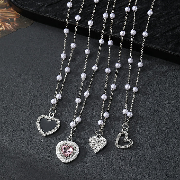Silver Heart Pendant Pearl Station Necklaces Four Styles
