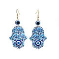 Gold Tone Printed Acrylic Hamsa Hand Evil Eye Hook Earrings in Eleven Designs view 12