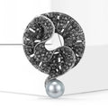 Black Crystal Scroll Ring Brooch With Hanging Gray Pearl view 2