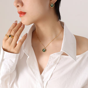 Gold Green Enamel Daisy Flower Stud Earrings And Pendant Necklace
