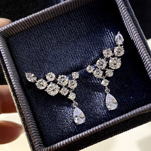 Asymmetric Floral Clear Stone Long Drop Earrings In Silver Tone