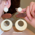 Brown and Cream Oval Resin Drop Earrings With Round Stud Tops view 1