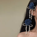 Fabric Rose Pearl Bow Tassel Duckbill Hair Clip Pair view 3