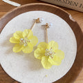 Yellow Fabric Flower Drop Earrings with Pearl Studs view 6