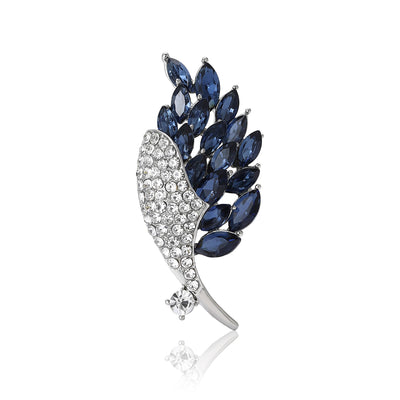 Navy and Clear Crystal Leaf Brooch shown against a white display background