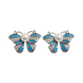 Blue Butterfly Stud Earrings with Pearl Like Centers and Crystals view 5