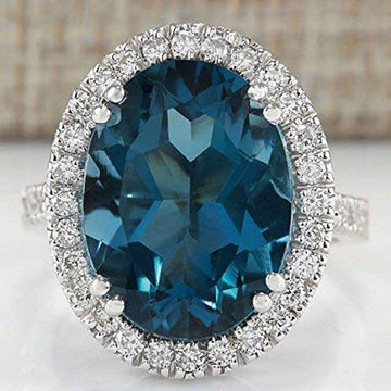 Teal Oval Halo Statement Ring In Polished Silver Tone