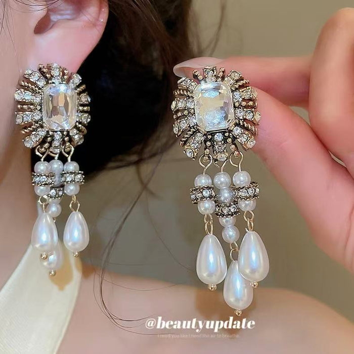 Rectangular Crystal and Pearl Chandelier Stud Earrings