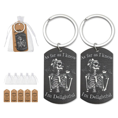Black skeleton coffee dog tag keychains with organza bags and kraft tags