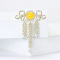 Gold Crystal Bow Brooch Yellow Cabochon Leaf Tassel Drops view 2
