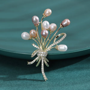 Pearl Bouquet Brooch on a Gold-Tone Bow with Small Clear Stones