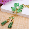 Jeweled Four-Leaf Clover Keychain with Twin Tassels and Gold Tone Ring view 3