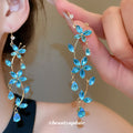 Blue Floral Crystal Vine Long Hook Earrings Jewelry Pair view 3
