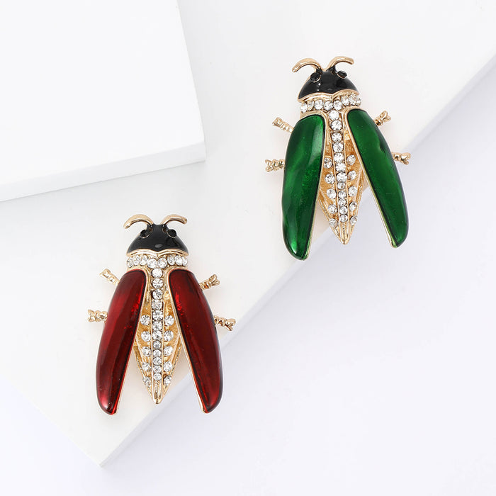 Enamel Cicada Brooch in Metal with Long Enamel Wings with Crystal-set Inner Panels