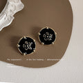 Black Enamel Round Camellia Stud Earrings Gold Tone Prongs view 4