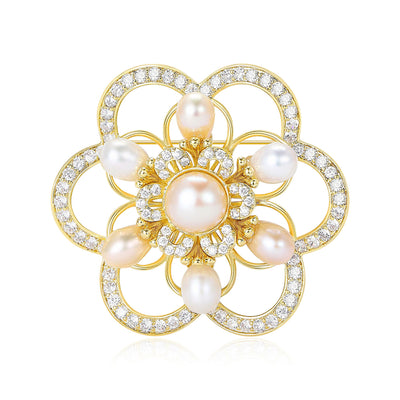 layered camellia flower brooch shown from the front