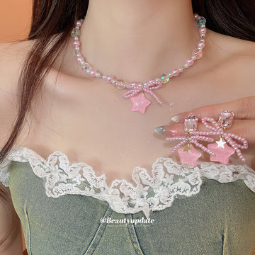 Pink Pearl Bow Star Pendant Necklace And Star Earrings