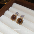 Gold Tone Brown Square Cabochon Drop Earrings With Crystal Tops view 4