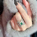 Silver Tone Green Center Openwork Wing Statement Finger Ring view 3