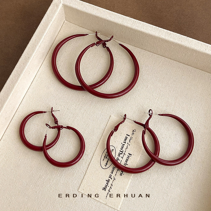 Glossy Burgundy Round Hoop Earrings In Three Graduated Sizes