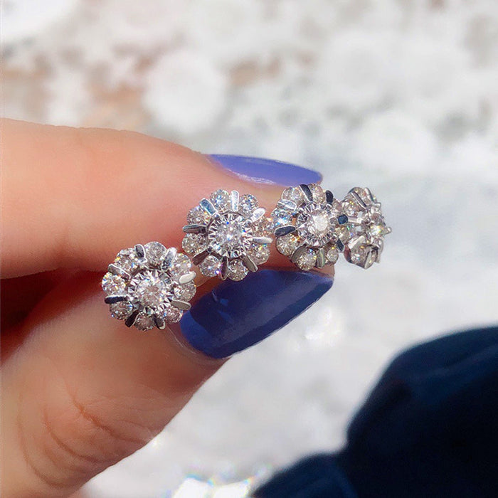 Silver Flower Clear CZ Cluster Stud Earrings Pair Metal