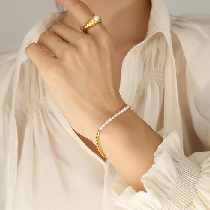 Gold Twisted Rope Freshwater Pearl OT Toggle Bracelet 17cm