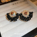 Black Beaded Floral Fan Statement Stud Earrings Decorative Jewelry view 2