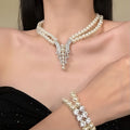 Silver Double Strand Pearl Necklace Earrings Bracelet Set view 3