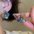 Multicolor Crystal Flower Stud Earrings With Polished Metal Tone Details view 2