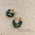 Gold Tone Dark Green Beaded Small Hoop Drop Earrings view 4