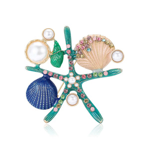 Enamel Starfish and Seashell Brooch with Pearls Decorative Clothing Pin