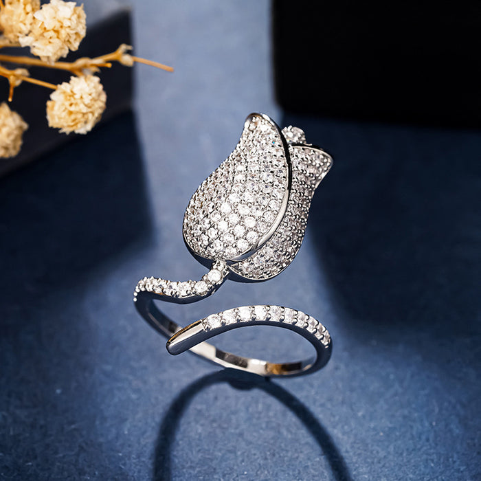 Pave Tulip Open Adjustable Finger Ring Gold White Gold