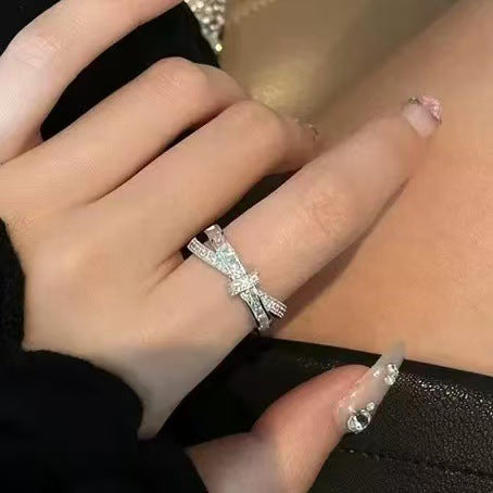 Silver Pave Crystal X Crossover Open Ring Clear Stones