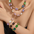 Emerald-Cut Glass Stone Necklace Bracelet Gold Steel Colors view 3