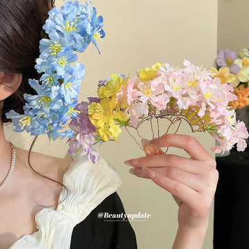 Fabric Blossom Gold U-Prong Hair Sticks Yellow Purple Pink