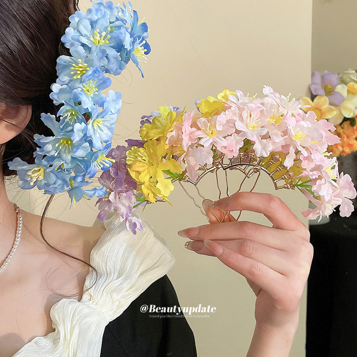 Fabric Blossom Gold U-Prong Hair Sticks Yellow Purple Pink