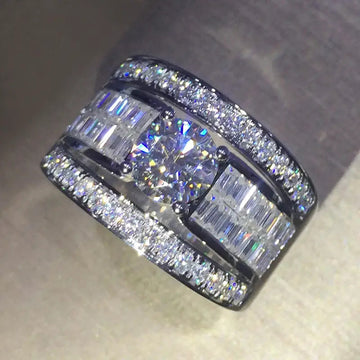 White Gold Tone Multi Band Round Baguette Crystal Ring Sizes 6-10