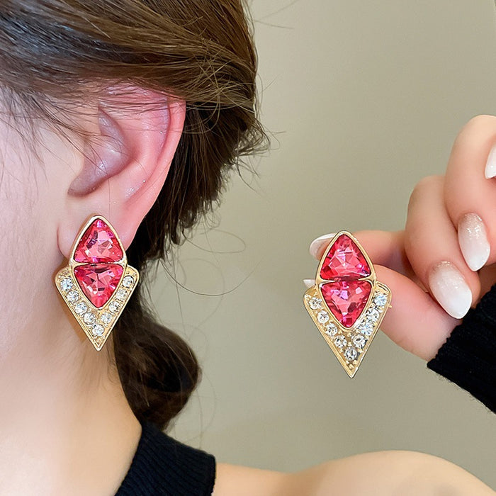 Pink Diamond Shape Crystal Stud Earrings with Gold Tone Frames