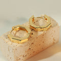Gold Hexagon Huggie Hoop Earrings Faceted Geometric Frame view 4