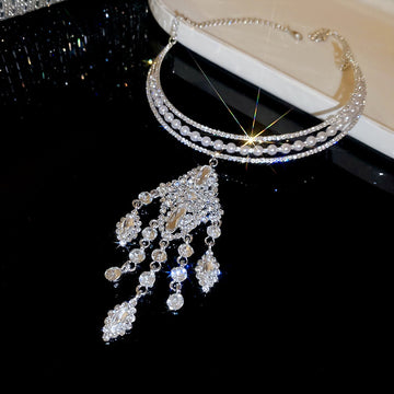 Silver Tone Crystal Collar Necklace With Pearl Tassel Center