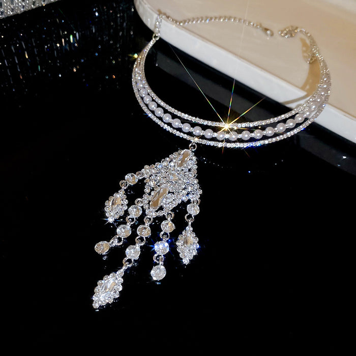 Silver Tone Crystal Collar Necklace With Pearl Tassel Center