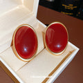 Deep Red Domed Oval Gold Tone Statement Stud Earrings view 4