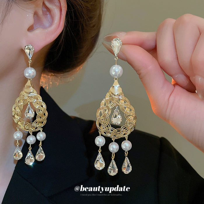Gold Tone Openwork Teardrop Pearl And Crystal Tassel Earrings