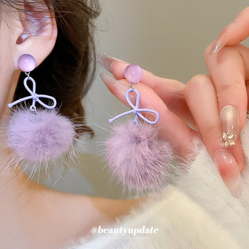 Purple Bow And Fluffy Pompom Earrings - One Style Polished Decorative Design