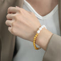 Gold Round Bead White Baroque Pearl Stretch Bracelet Beaded view 1
