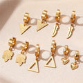 Gold Tone Heart Feather Leaf and Triangle Huggie Drop Earrings view 1