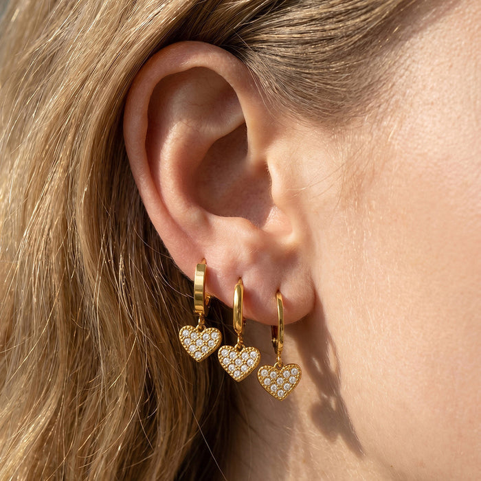 Gold Tone Pave Heart Drop Hoop and Leverback Earrings